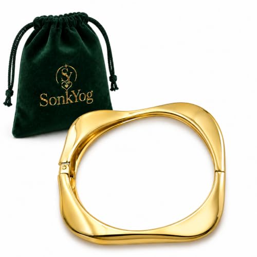 SonkYog Gold Square Bangle Bracelet for Women, Chunky Sculptural Hinged Cuff Bracelet, Wavy Statement Gold Tone Jewelry with Velvet Pouch (Sculptural Cuff)