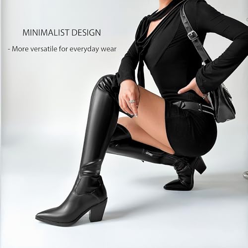 Image of Women Thigh High Boots Leather PU Stretch Over The Knee Boots Slim Calf Block Chunky Heel Pointed Toe Tall Cowboy Boots Concert Dress Boots