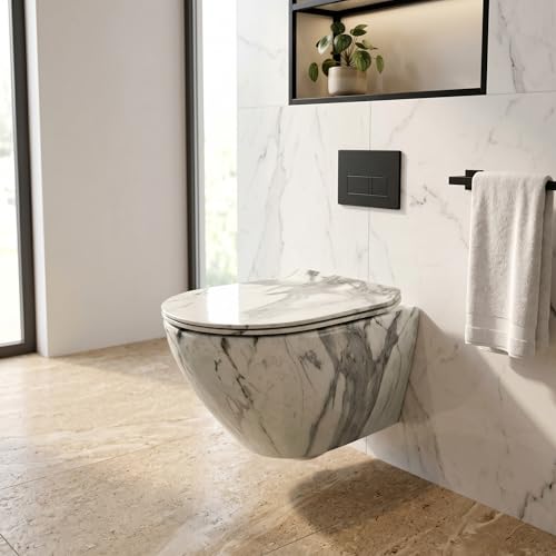 Image of InArt Rimless Ceramic Wall Hung Western Toilet for Bathroom | Wall Mount Commode /EWC /WC /European Water Closet with P-Trap Wall Outlet & Soft Close Seat Cover, White Marble Color