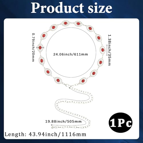 Red Turquoise Oval Chain Western Cowgirl Metal Silver Sparkly Adjustable Summer Belly Chain Link Belts Fashion Belt Jewelry Accessories for Women Dress Wedding Bridal Party Birthday Club2
