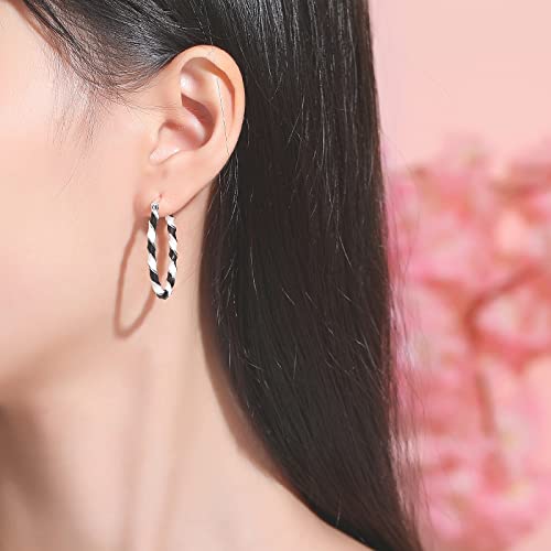 MUYUU Enamel Hoop Earrings-Silver Plated Black and White Earrings for Women-Charming Oval Earring Hoops4