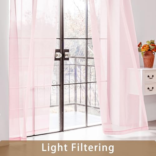 Image of Pink Sheer Curtains 63 Inch Length, Privacy Semi Sheer Curtains for Living Room Bedroom, Light Filtering Rod Pocket Voile Window Drapes 2 Panels Set, Each 42 inch W x 63 inch L