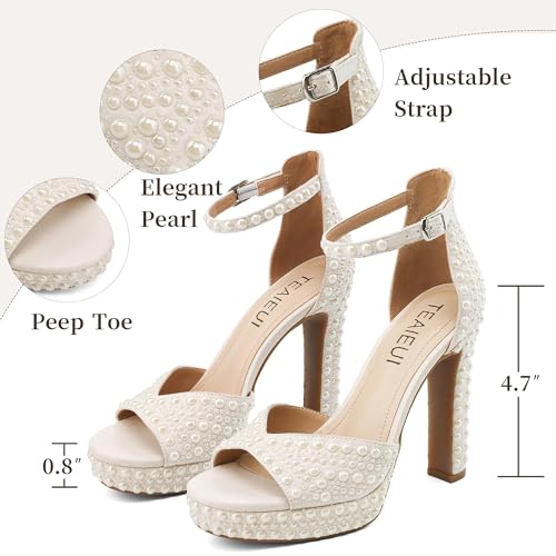 Image of TEAIEUI Pearl Platform Heels for Women, Peep Open Toe Block Heeled Sandals | 4.7 Inch Chunky High Heels, Wedding Shoes with Ankle Strap, Bridal Sandals, for Party, Prom, Evening