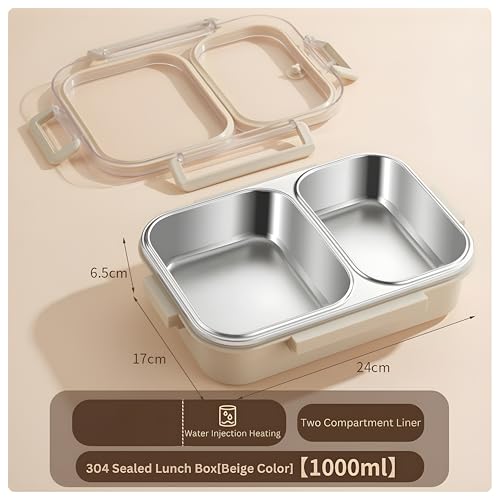 Image of Motka Premium 1000 ml 2-Compartment Bento Lunch Box | Stainless Steel Slim Tiffin | Leak-Proof Container| BPA & Odour-Free| Durable & Dishwasher Safe | Ideal for Office, Travel & School (Beige)