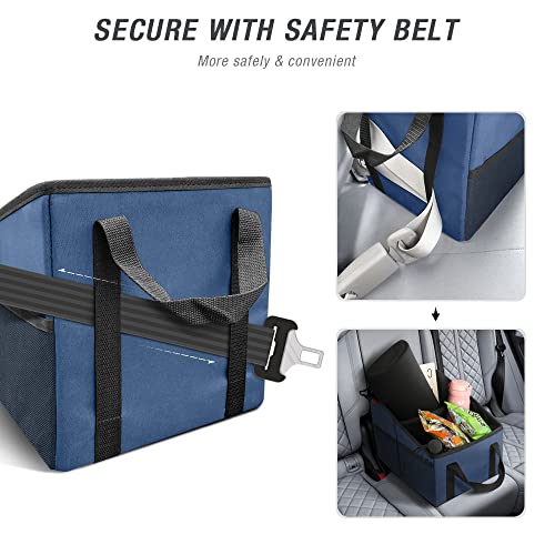 Image of YOOFAN Car Seat Organizer - Passenger Seat Organizer, Collapsible Small Car Seat Storage for Console Front or Back, Automotive Backseat Organizer with Belt 4 Cup Holders for Kids Accessories, Blue