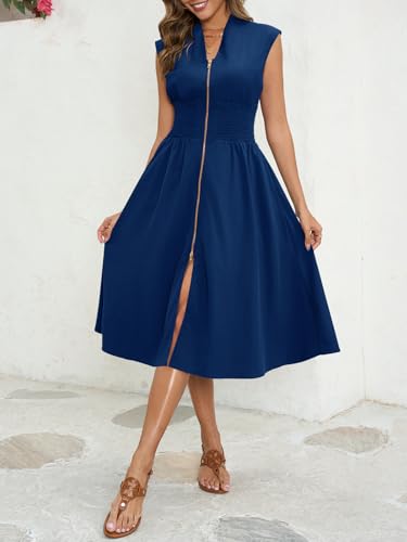 Image of Wenrine Womens Smocked Midi Dress Zipper V Neck Long Summer Dresses | zip front, empire waist, cap sleeve, flowy, a line, high slit, casual midi dress