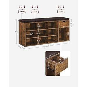 VASAGLE Storage Bench, Entryway Bench with Cushion, Drawer and Open Compartments, Bench with Storage, for Living Room, Bedroom, Closet, Rustic Brown and Brown ULHS024T01 VASAGLE Storage Bench Entryway Bench with Cushion Drawer and Open Compartments Bench with Storage for Living Room Bedroom Closet Rustic Brown and Brown ULHS024T01