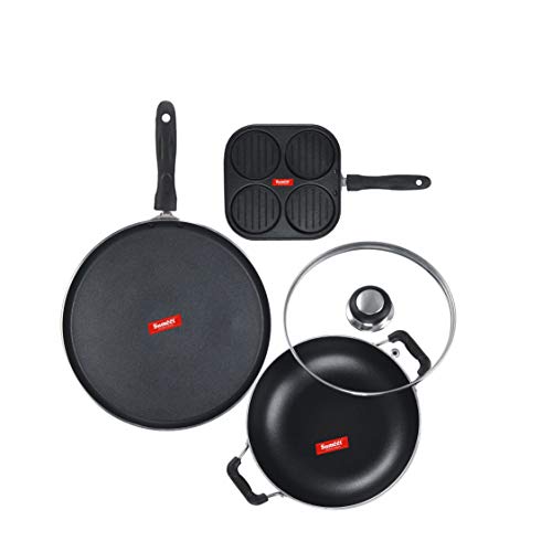Image of Sumeet NonStick Kelabu Cookware Set (Dosa Tawa - 26.5Cm Dia + Kadhai with Glass Lid -2Ltr - 22Cm Dia + Mini Multi Snack Maker - 4 Cavity -19.5cm)