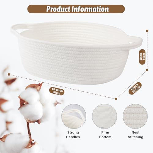 Image of OIAHOMY Small Woven Basket with Gift Bags, Ribbons & DIY Label Card, Baskets for Gifts Empty, Small Rope Basket 13.4 * 10 * 5.5IN, Cute Decorative baskets with Handles for Baby Pets, Toys, White