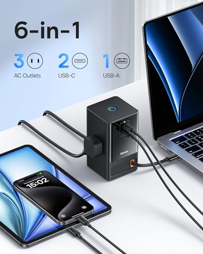 Baseus 6-in-1 65W Charging Station with Retractable USB-C Cable, Power Combo USB C Power Strip for Multiple Devices, Fast Charger for iPhone, MacBook, Samsung, PS5 for Home/Office/Dorm/Travel - Image 3
