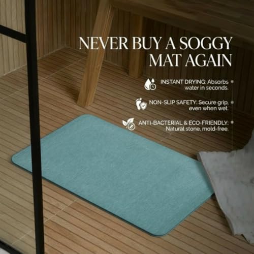 Image of Stone Bath Mat | Diatomaceous Earth Non-Slip Quick Drying Bathroom Floor Mat | Super Absorbent Bathtub & Shower Mat | Odor Free, Safe & Clean for Bathroom & Kitchen (Sea green, 29.5 x 39.5 cm)