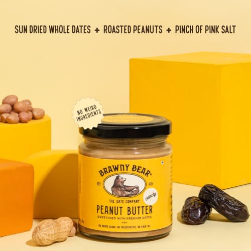 Image of Brawny Bear Peanut Butter Crunchy, Natural Sweetened with Dates, Healthy Nut Butter with No Added Sugar and Preservatives, Vegan, High in Protein Spread, Pack of 2 (500 gm each)