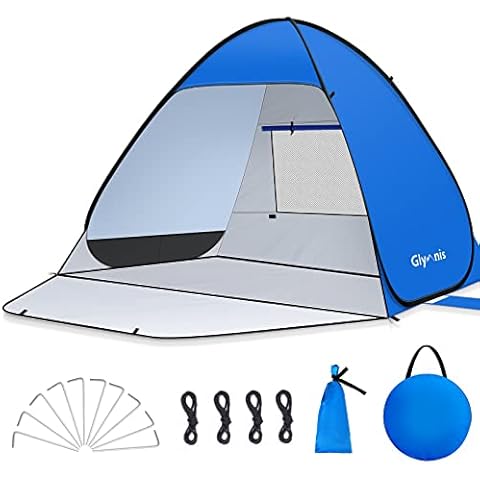 Glymnis Strandmuschel Pop Up Strandzelt Strand Zelt für L/2-3 Personen mit Reißverschlusstür UV-Schutz 50+ Windschutz kleines Packmaß Blau Strandzelt Cover