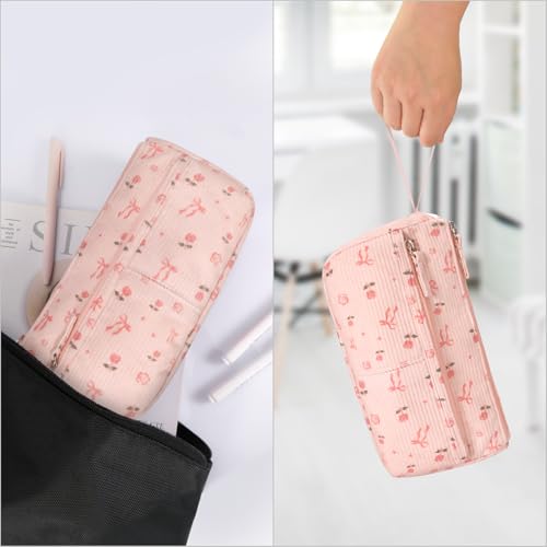 Image of FINPAC Pencil Case, Corduroy Triangle Makeup Bag, Kawaii Pen Bag Pouch Holder Box Organize for Study, Office, or Travel (Pink Rose Bow)