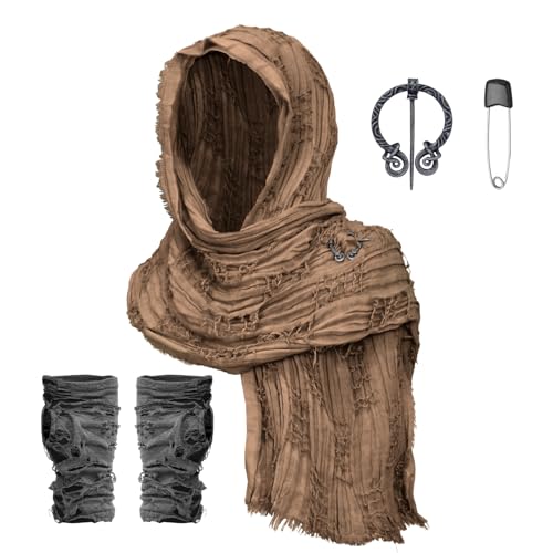 Desert Costume Hooded Shawl Scarf with Viking Brooch & Punk Gloves Renaissance Fair Tattered Shoulder Cape (Brown)