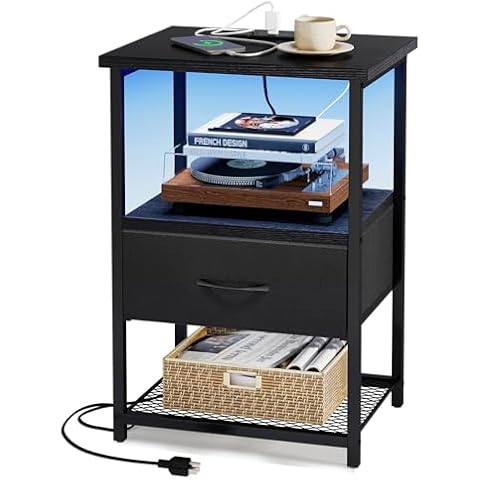 Fixwal Night Stand with Charging Station, LED Nightstand with Fabric Drawers, End Table with PU Finish, Bedside Table, Black Cover