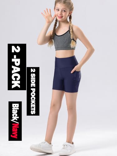 Yilisha 2 Packs Girl's Sport Spandex Compression Shorts Volleyball Athletics Swim Shorts Yoga 2 Side Pockets Bike Shorts2
