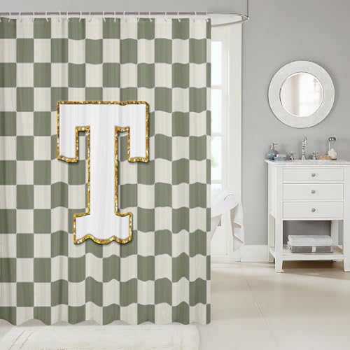 Image of Erosebridal Sage Green Checkered Bathroom Curtain Plaid Initial T Shower Curtain 72 inch Wx78 L Personalized Monogram Bathroom Accessories for Kids Adults,Fashion Grids Gingham Shower Decor