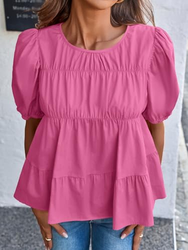 Image of Tankaneo Womens Puff Sleeve Peplum Babydoll Tops Summer Flowy Pleated Cotton T-Shirts Casual Loose Fit Cute Blouse
