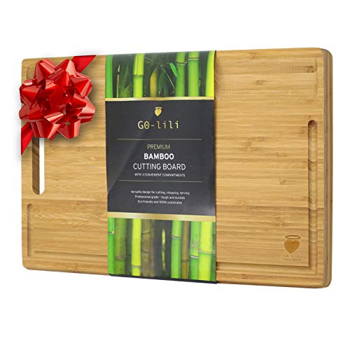 Bamboo Cutting Board with Juice Groove And 3 Built-in Compartments, Kitchen Chopping Board for Meat (Butcher Block) Cheese and Vegetables, Heavy Duty Serving Tray, BPA Free (bamboo)