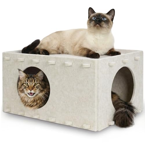 LVUVXVAV Cat House for Indoor Cats Scratch Resistance Cat Cave Bed Felt Peekaboo Cat Hideaway for Large & Multiple Cats Up to 22Lbs Cream