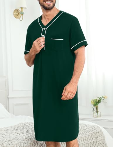 Image of SWOMOG Mens Nightgown Short Sleeve Lounge, Sleep Henley Shirt Pajama Big & Tall Nightshirt Comfy Nightwear M-3XL