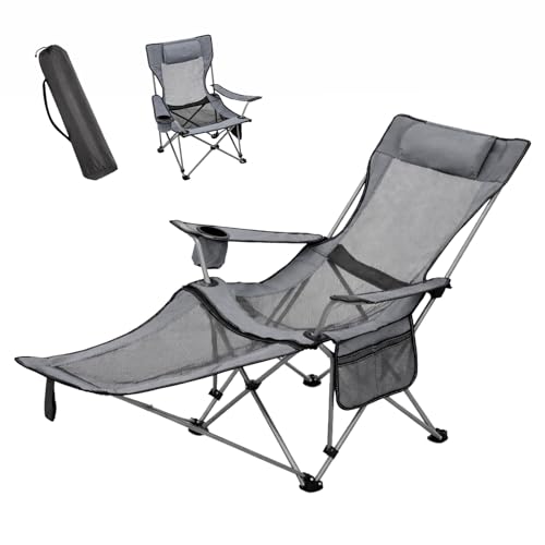 GoDyna 2-in-1 Campingstuhl mit Fußstütze 180 kg Belastung 165x88x84 cm Verstellbarer Rückenlehne Strandstuhl mit Kopfkissen Getränkehalter Kühltasche für Outdoor Camping und Reisen