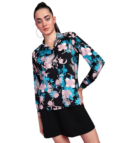 Image of POPWINGS Women Casual Sky Blue Floral Printed Shirt | Collar Button Shirt | Full Sleeve Shirt | Trendy Shirt | Regular Casual Shirt