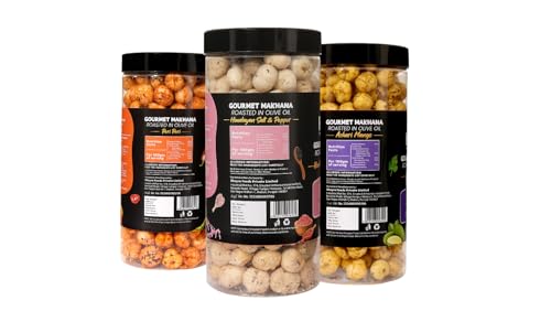 Image of H O M House Of Makhana 195g Himalayan Salt and Pepper, Peri Peri And Achari Mango Gourmet Makhana Jar Roasted in Olive Oil, Flavored Makhana Pack of 3 (65gX3)