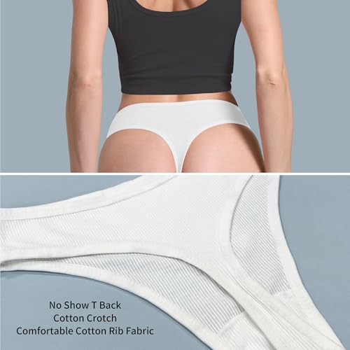Image of 6 Pack Women's Ribbed Cotton Thongs High Waist Panties Underwear | GAREDOB 6 Pack Women's Ribbed Cotton Thongs High Waist Seamless Panties Plus Size High Rise No Show Underwear