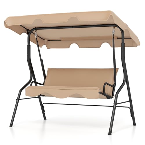 Image of Tangkula 3 Person Porch Swing, Patio Swing with Removable Cushion & Powder-Coated Steel Frame, Outdoor Swing with Canopy for Porch, Backyard, Garden, Balcony (Beige)