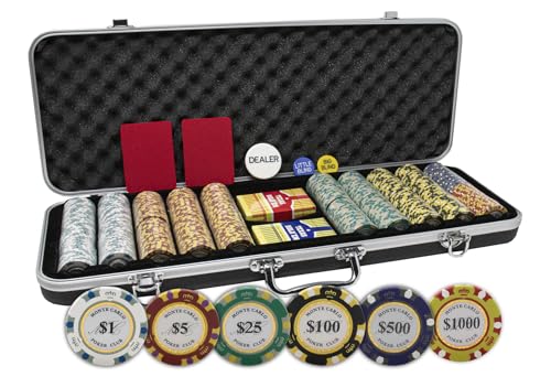 DA VINCI Monte Carlo Poker Club Set of 500 14 Gram 3 Tone Chips with Upgrade Ding Proof Black ABS Case, 2 Decks Plastic Playing Cards, 2 Cut Cards, Dealer and Blind Buttons