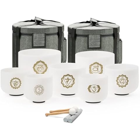 CVNC 432HZ 8-14 Inch Chakra Symbol Design Frosted Quartz Crystal Singing Bowl Set of 7 PCS with Grey Bags for Sound Healing and Meditation Cover