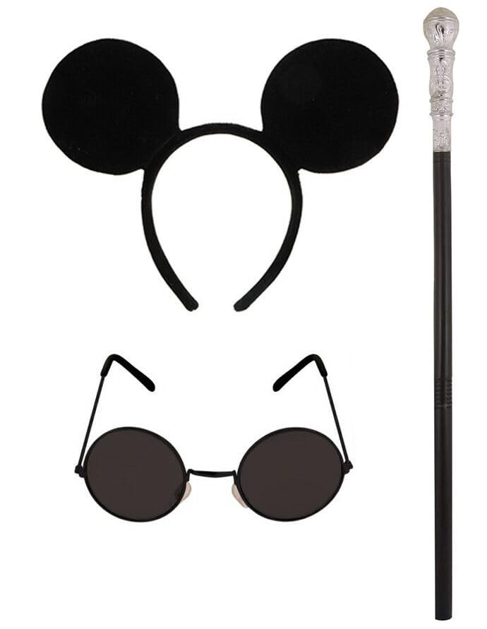 jokeshop 3 Piece Blind Mouse Set (Black Ears, Black Glasses & Cane) Adults Animal Headband Accessory Rat World Book Day Adult Fancy Dress Fairytale Three Blind Mice