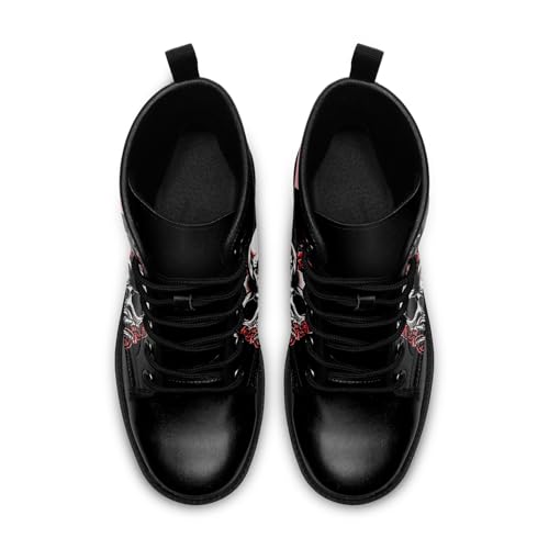 Image of Custom Black Combat Boots for Women Fashion Lace-Up Skull Rose Ankle Booties Chunky Heel Platform Leather Boots