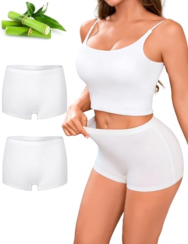 Briyat Boxer Femme Bambou 2 pièces Shorty Femme Coton Doux et Confortable caleçon Femme pour Sport et Usage Quotidien,Blanc*2,L