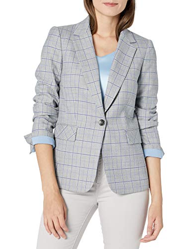 Tahari ASL Women's One Button Flap Pocket Plaid Jacket, Grey Blue Lavender, 4
