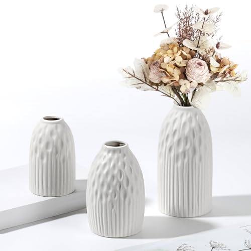 GMISUN Weiße Vase Keramik, 3er Vasen Set, Boho Deko Vasen mit...