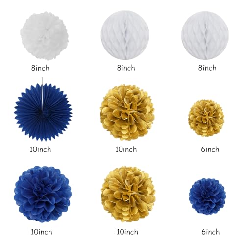 Image of Navy-Blue Gold Birthday Party-Decorations Paper-Flowers - 14pcs Happy Banner Royal Lanterns Tissue Pom Poms,Men Streamers Garland Fans Honeycomb,Teen Boys Male Kids Hanging Supplies Decor Hugfond