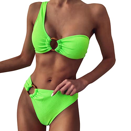 Genérico Trajes De BañO Mujer BañAdor Vientre Plano Nuevo Traje de baño Separado Europeo y Americano Sexy un Hombro Bikini Color sólido Traje baño Separado para Mujer Trajes De BañO (Green, L)