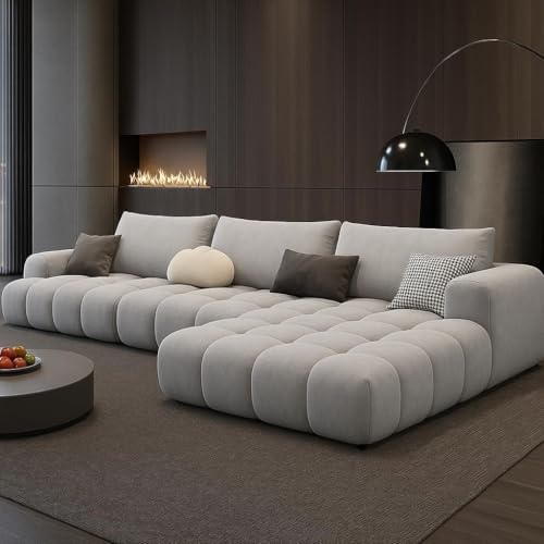 Image of Modern Classic Cloud Puffy Velvet Sofa Tufted Structure Round Arm L-Shaped Sofa Set Supported Round Back with Throw Pillows for Living Room, Hallway Apartment (Light Grey)