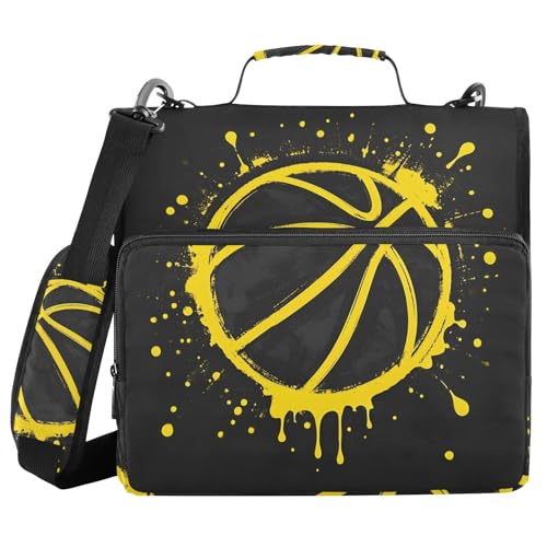 Image of 3 Ring Zipper Binder with Shoulder Strap Yellow Basketball Splash Black 1.5 inch Binders Keeper Large Capacity Multi Pockets for School Office Supplies
