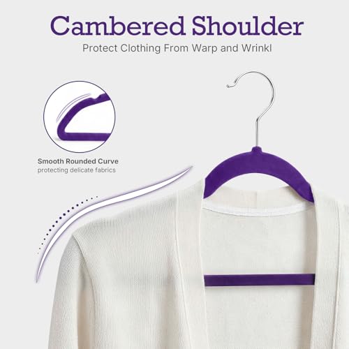 Image of HOUSE DAY Noble-Purple Velvet Hangers 60 Pack, Non Slip Clothes Felt Hanger Heavy Duty for Coat, Premium Slim Space Saving Suit Hangers for Closet Organizer, 360 Rotating Silver Hook