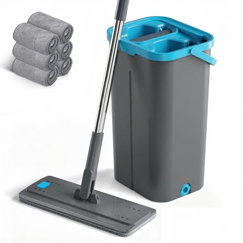Juego de fregona y cubo de microfibra con mango telescópico de acero inoxidable, almohadillas lavables, cubo de gran capacidad, para suelos laminados de madera dura, sistema completo de limpieza del