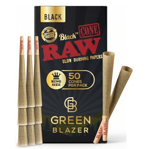 RAW Cones Black King Size: 50 Pack - Translucent Extra Fine Pre Rolled Cones & Tips Patented Slow Burn All Natural RAWthentic 109mm