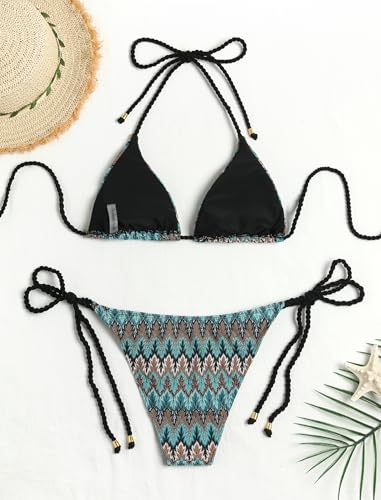 Image of ZAFUL 2 Piece Triangle Bikini for Women Knitted Rope Halter Bikini Sets Sexy Bathing Suit Side Tie Swimsuits Beachwear