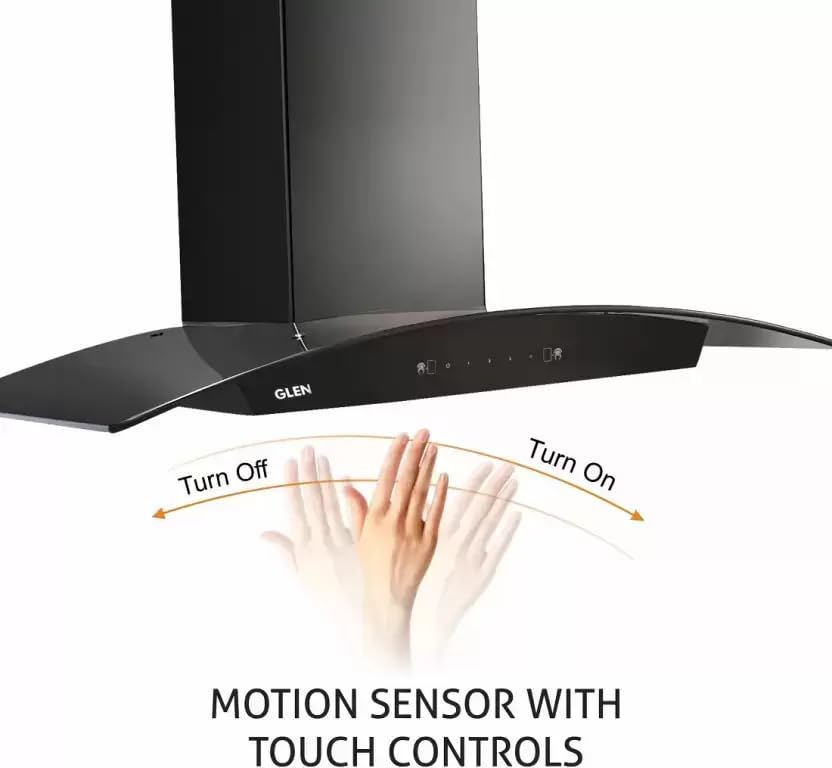 Image of Glen Chimney Curved Glass Filterless 90cm Motion Sensor Control With Digital Display | Auto Clean Wall Mounted Chimney (Black 1500 CMH)