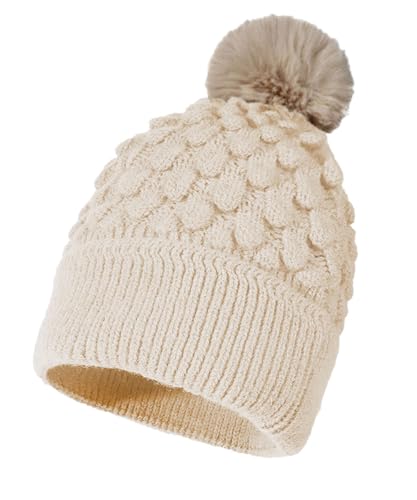 JFAN Gorros Invierno Mujer de Punto Pompones para Gorros de Lana Cálido Sombrero Mujer Hombre Invierno Forro Polar,Beige,Talla única