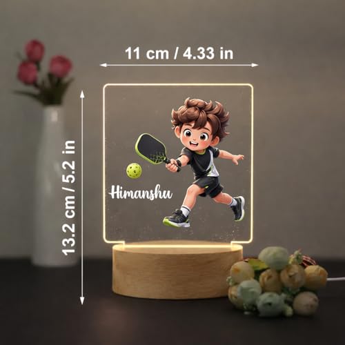 Image of SNAPTRAP Personalized Pickleball LED Lamp with Name for Boys | Custom Acrylic Night Lamp with Wooden Base | Sports Gift for Kids, Boys & Men | USB Powered Bedroom & Desk Decor Light