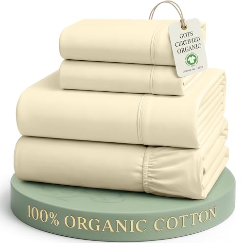 Image of LANE LINEN King Sheet Set 100% Organic Cotton Percale Cooling 4pc - Natural | King Sheet Set, GOTS Certified Organic Cotton Percale - Great For Gifting, Easy-Care Machine Washable, For Hot Sleepers